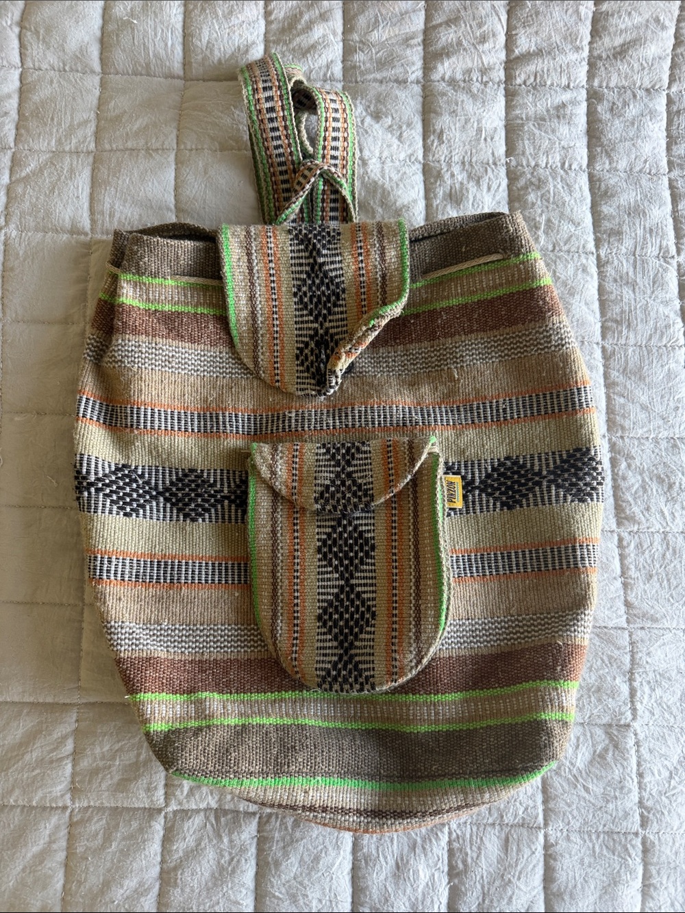 Handwoven Striped Canvas Backpack Tote in Brown & Green & black.